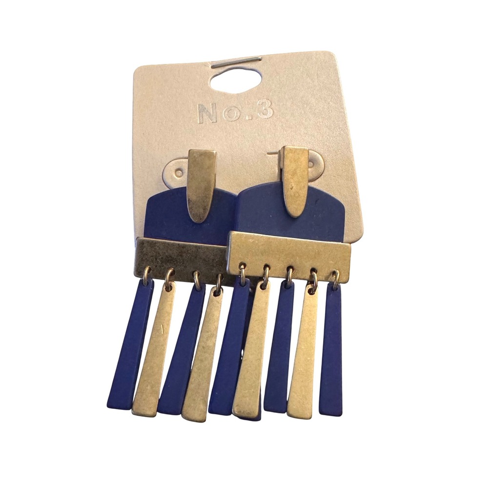 NWT‎ No.3 Cobalt Blue Gold Tone Geometric Fringe Tassel Drop Post Earrings